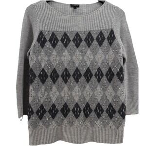 Talbots Women's Gray & Black Argyle Nylon Wool Beaded‎ Sweater Sz M Petite